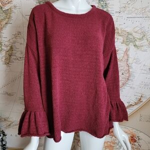 Knox Rose drop shoulder boxy burgundy light sweater ruffle cuffs boho coquette M